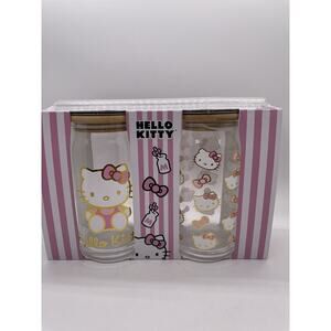 Hello Kitty Glass Tumbler Set With Bamboo Lids and Straws TWO cup set ~NEW~